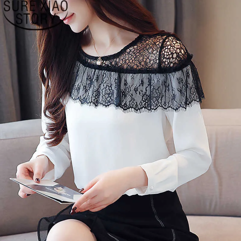 Blusas mujer de moda sexy hollow lace chiffon blouse shirt long sleeve women shirts womens tops and blouses blusas 2135 50 210527