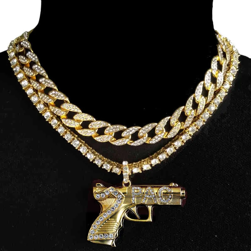 Hip Hop Iced Out Pendant Mary Gun W/ 1 Row CZ Crystal Chain & 16 Full Iced Cuban Choker Chain Necklace Combo Set X0509