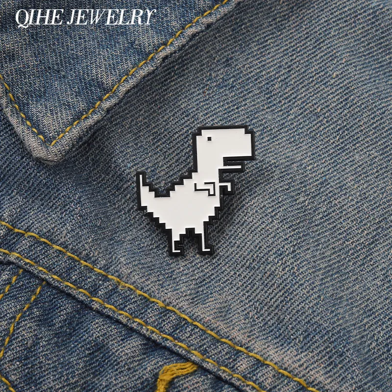 Pixel Dinosaure Épingles En Émail Mignon Broche Blanc Animal Dessin Animé Badge Broche Revers Vêtements Pull Sac À Dos Femmes Enfants Drôle En Gros Bijoux Cadeau