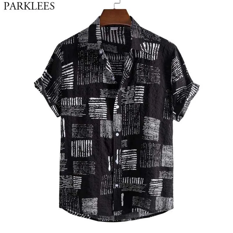 Funky Siyah Hawaii Aloha Gömlek Erkekler Için 2021 Yaz Kısa Kollu Rahat Düğme Aşağı Plaj Gömlek Erkek Parti Tatil Giyim Erkekler