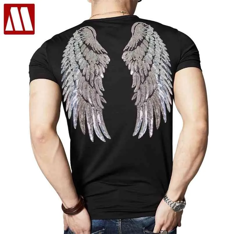 ファッションスパンコール女性のスプライセットカジュアルな天使の翼男の夏のトップスユニセックス刺繍刺繍半袖スパンコールTシャツ210707