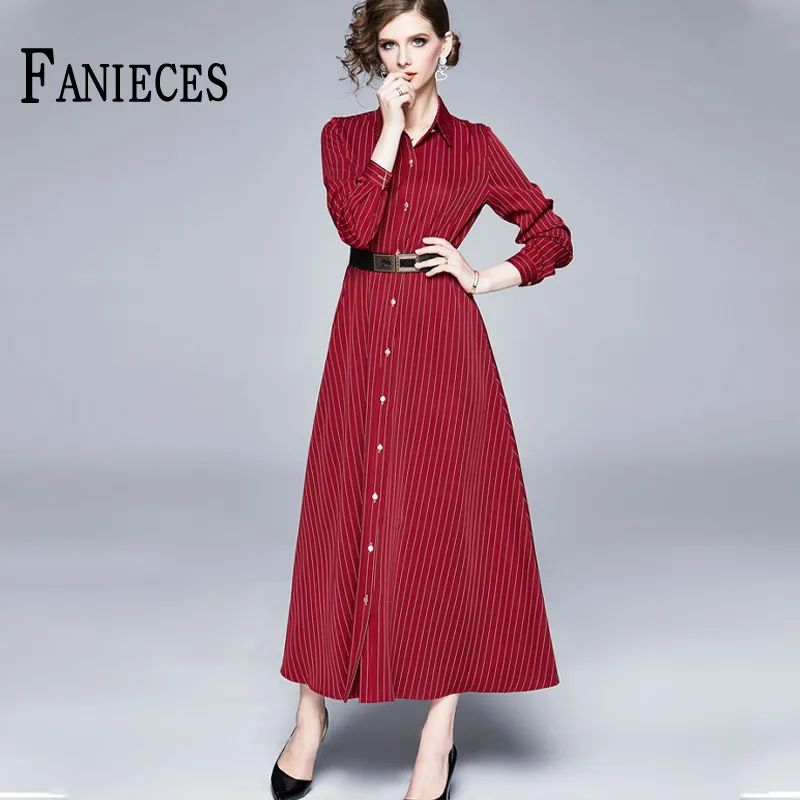 Весна осень мода взлетно-посадочная полоса красная полосатая печать кнопка рубашка платье женщин женский Vestido Mujer офис женская вечеринка A-Line платья 210520