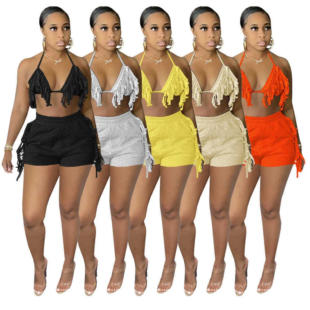 Mulheres Sexy Lace Up Sólida Borla Sólida Dois Parte Set Mulheres Halter Crop Top Cintura Alta Cintura Calções Set Party Clubwear Feminino Outfits X0709