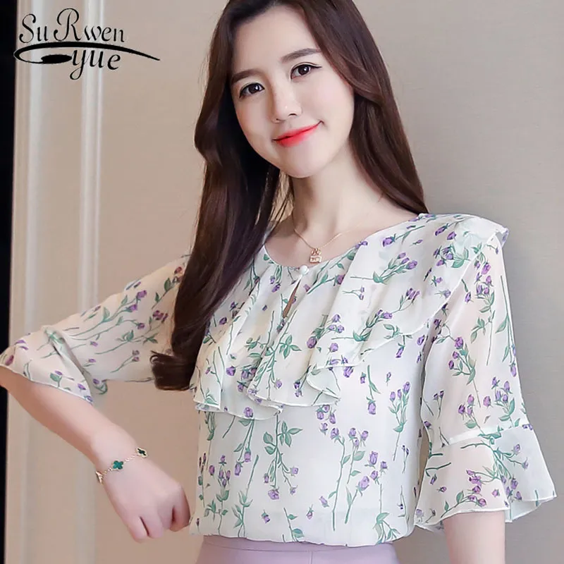Шифоновая блузка с короткими рукавами женская весна короткий стиль лотос листьев рукава цветочный узор женские рубашки топ 2664 50 210521