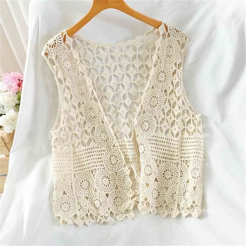 Vår sommar Sexig Hollow Out Lace Top Vest Crochet Ärmlös Waistcoat Kvinnor Öppna Stitch Korta Outwear Chalecos Par Mujer 210819