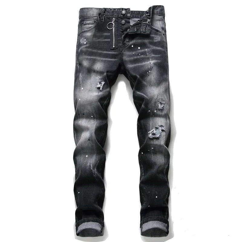 23SS Mannen Slim Fit Big Size Jeans Heren Paint Gat Stijl Vernietigd Skinny Rechte Been Gewassen Luxe Casual Regelmatige Denim Broek Broek 1010