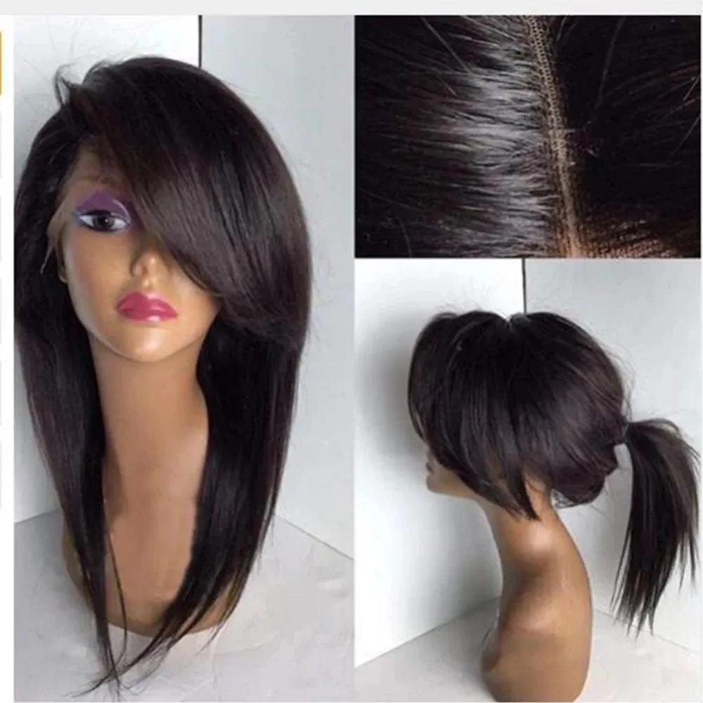 Fringe Wigs Silky Straight Lace Front Synthetic Hair Wigss With Side Part Bangs Pre Plucked Hairline Wig Bleach Knots Synthetics laces frontwig