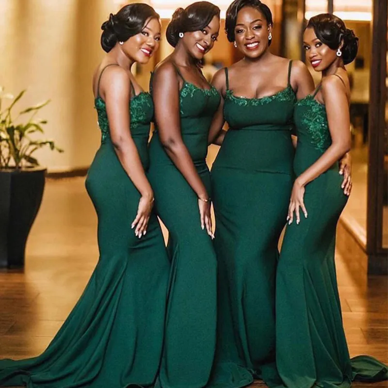 Dark Green African Druhna Dresses Lace Aplikacja Spaghetti Pasek Mermaid Long Wedding Guest Party Dress Maid of Honor Suknie