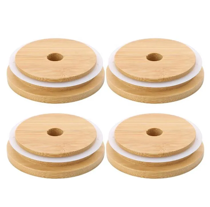 Bambu Mason Jars Lids 70mm 88mm Boca Largo Mason frascos com beber palha buraco mason frascos lid