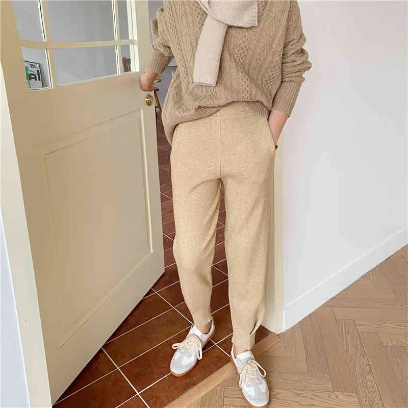 OL Vintage Elastic High Waist Harem Knitted Pants Women Autumn Winter Solid Casual Warm Loose Radish Trousers 210421