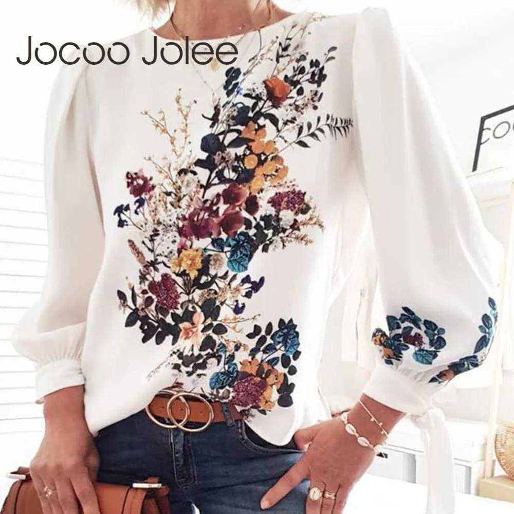 Jocoo Jolee Women Flora Tryckt Lantern Sleeve Loose Blue Elegant Chic Shirt Casual Boho O Neck Cuff Knoted Tee Tops 210619