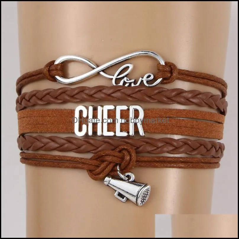 New Cheer Letter horn Sports Bracelets For Women Men Cheerleader Sign charm weave Leather rope Wrap Bangle Fashion DIY Jewelry Gift