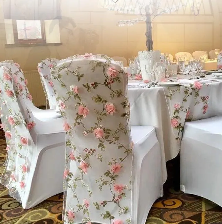 Refreshing 3D Flower Embroidery Organza Chair covers table cloth for home wedding decorations events supplies