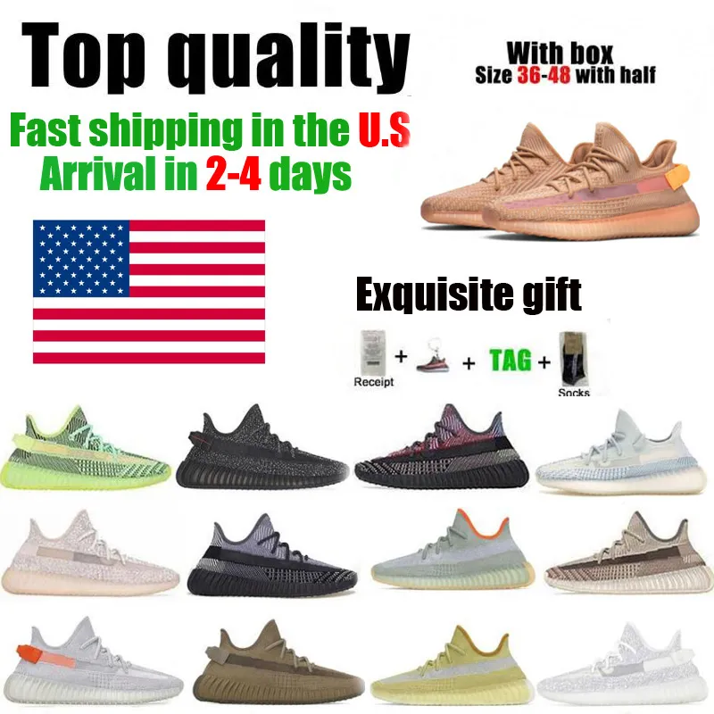 Förvara i USA Kanye Running Skor Toppkvalitet 2021 Nyast Mens Kvinnor Löpskor Cinder Zebra Tail Light Reflective Women Sportskor 36-48 med låda Halvstorlek