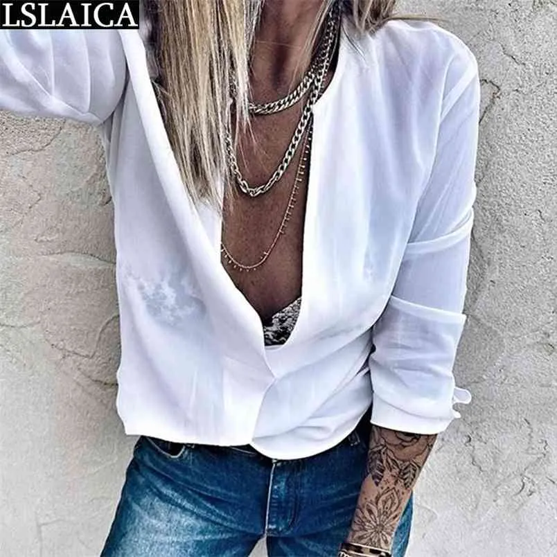 Bluse Frauen Langarm Weiß V-ausschnitt Tops Casual Elegante Büro Hemd Drapierte Outwear Damen Top Blusa Feminina 210515