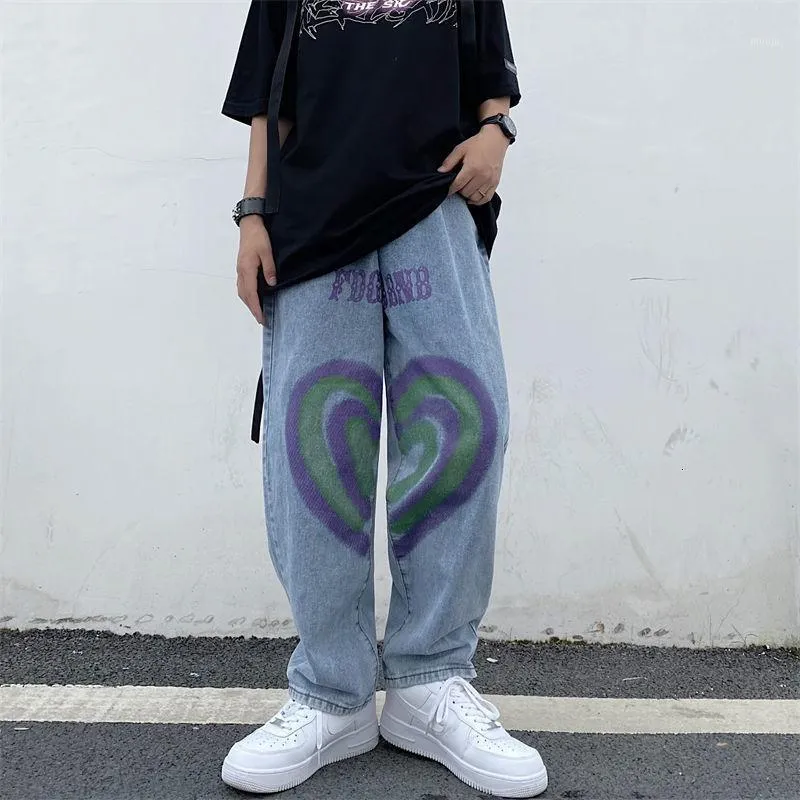 Men's Jeans PR Love Graffiti Print Pants 2021 Autumn Fashion Casual Men Streetwear Loose Oversize Korean Hip Hop Trousers