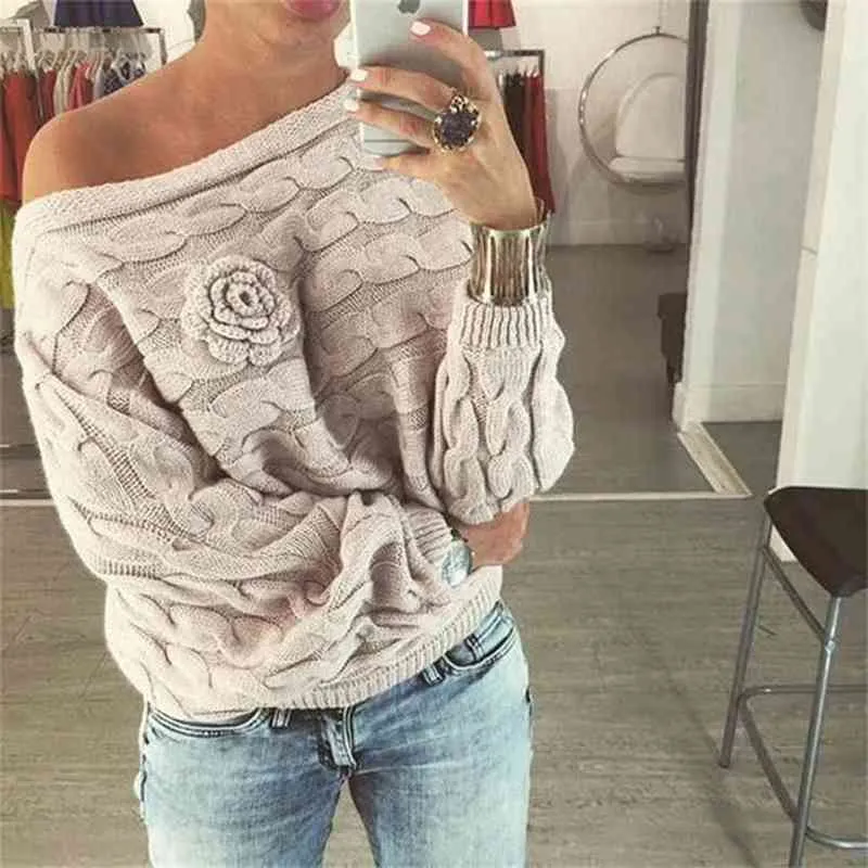 Vinter Kvinnor Ladies Jumpers Sweater Twisted Batwing Sleeve Off Shoulder Stickad Pullover Jersey Mujer 210517
