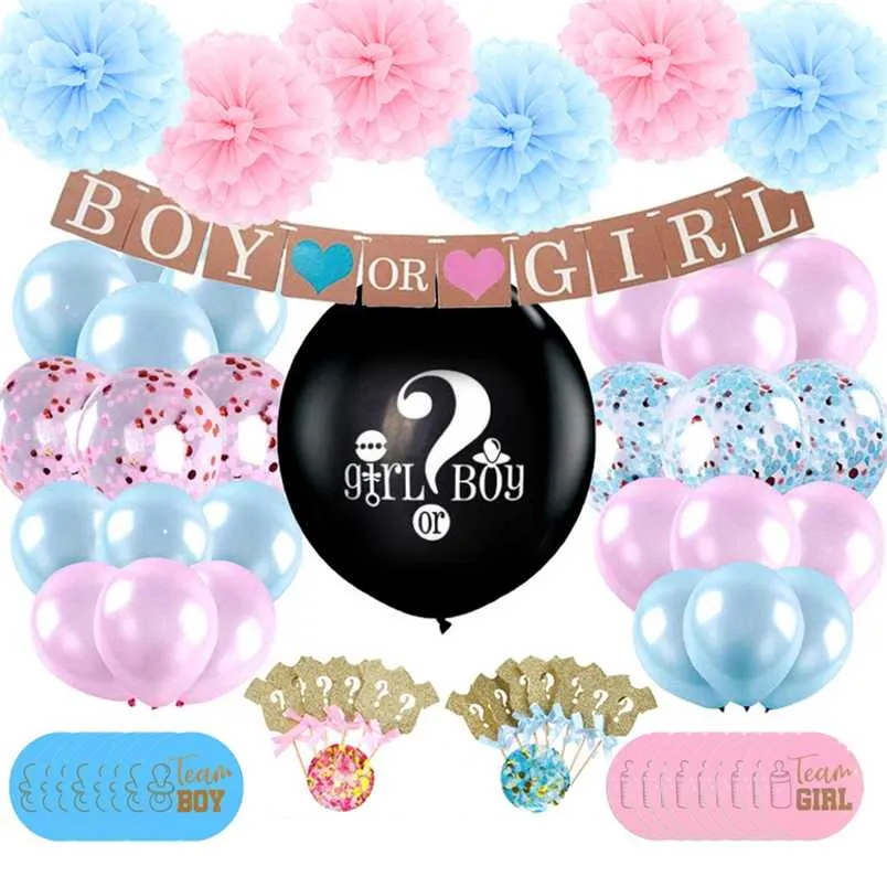 72 pcs Gender Reveal Party Decorations Boy or Girl 36" Black Latex Balloons With Confetti Cake Toppers Team Boy Girl Stickers 211216