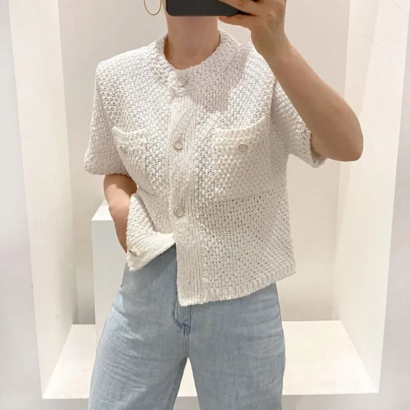 Women's Knits & Tees Chic O-Neck Short Sleeve Women Cardigans Sweaters Elegant Single-Breasted Pockets Ladies Knitted Tops 2021 Summer Vinta