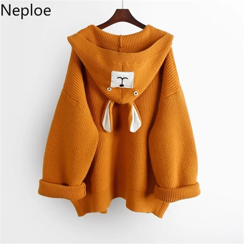 Women Hooded Cardigan Sweater Cartoon Applique Loose Medium-long Knitwear Coat Autumn Winter Knit Open Stitch 210422