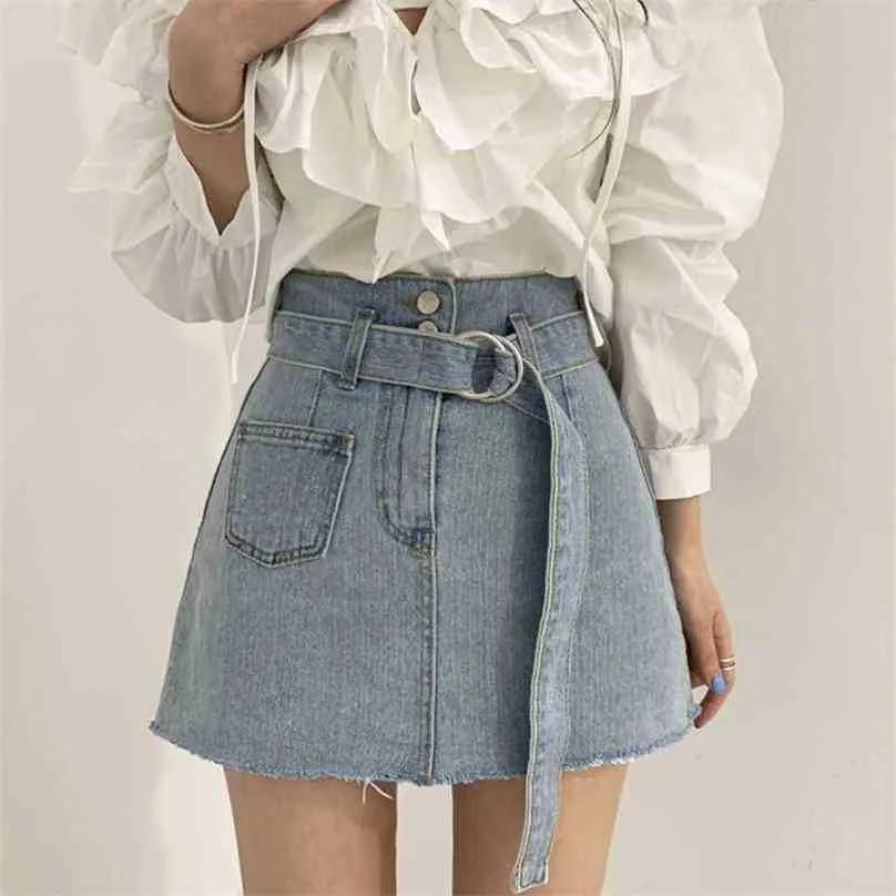 Minifaldas de moda para mujer, Vintage, vaquero sólido, Sexy, línea a, cintura alta, ceñido al cuerpo, falda femenina 210525