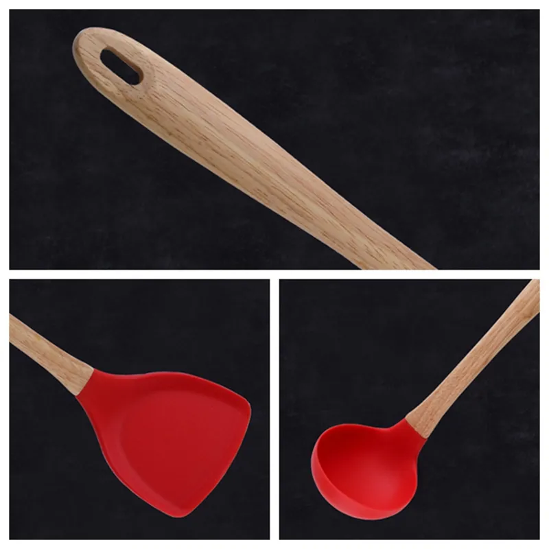 Cooking Utensils Spatula Soup Spoon Heat-resisting Non Stick Silicone Wooden Handle Kitchen Shovels Colander Kitchenware KKB6773