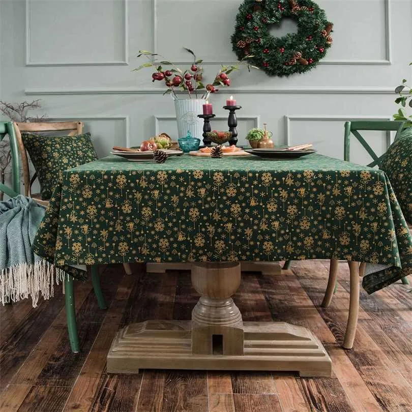 Japan Style Linen Cotton Christmas Party Tablecloth runner Rectangle Green Bronzing Gold Dinning Cover and placemat 211103