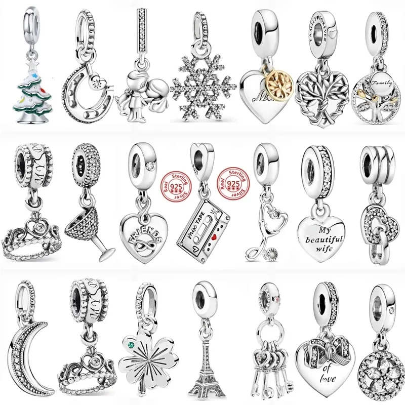 925 Sterling Silver Dangle urok księżyc drzewo śnieżynka korona kubek koralik Fit Pandora Charms bransoletka DIY biżuteria akcesoria