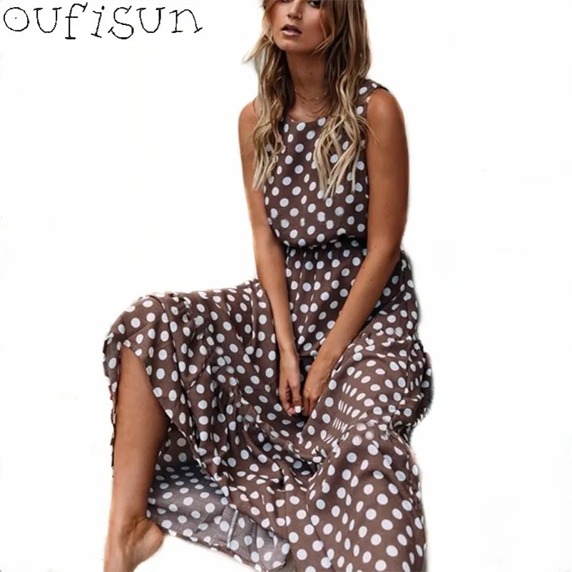 Oufisun verão sem mangas bolinhas vestido boêmia off-ombro vestidos femininos moda elegante marrom novo vestido longo vestido 210331