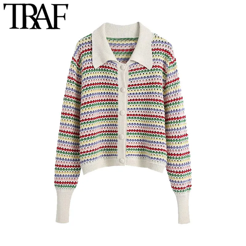 TRAF Dames Mode Gestreepte Gebreide Cardigan Sweater Vintage Lange Mouwen Button-Up Vrouwelijke Bovenkleding Chic Tops 210415