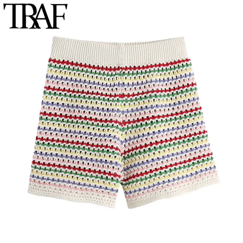 Traf Women Chic Fashion Striped Sticked Shorts Vintage High Elastic Waist Female Short Pants Mujer 210415