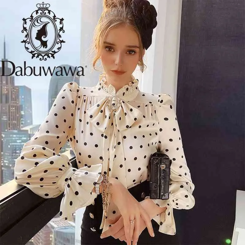 Dabuwawa Vintage Beige Polka Dot Print Bow Blouse Women Spring Autumn Sweet Ruffle Sleeve Shirts Tops Office Lady DO1AST033 210520
