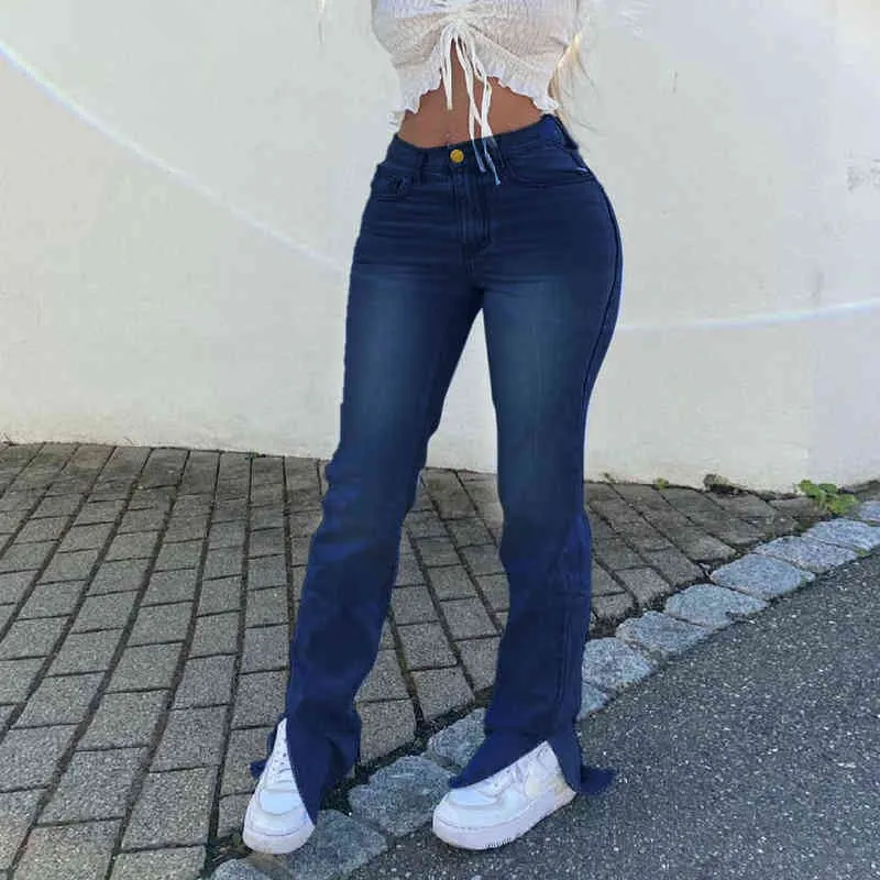 Blå Kvinnor Jeans Flare Byxor Högt midja Slim Ankel Split Denim Trousers Office Lady Boot Cut Pant Kvinna Sommar 211129