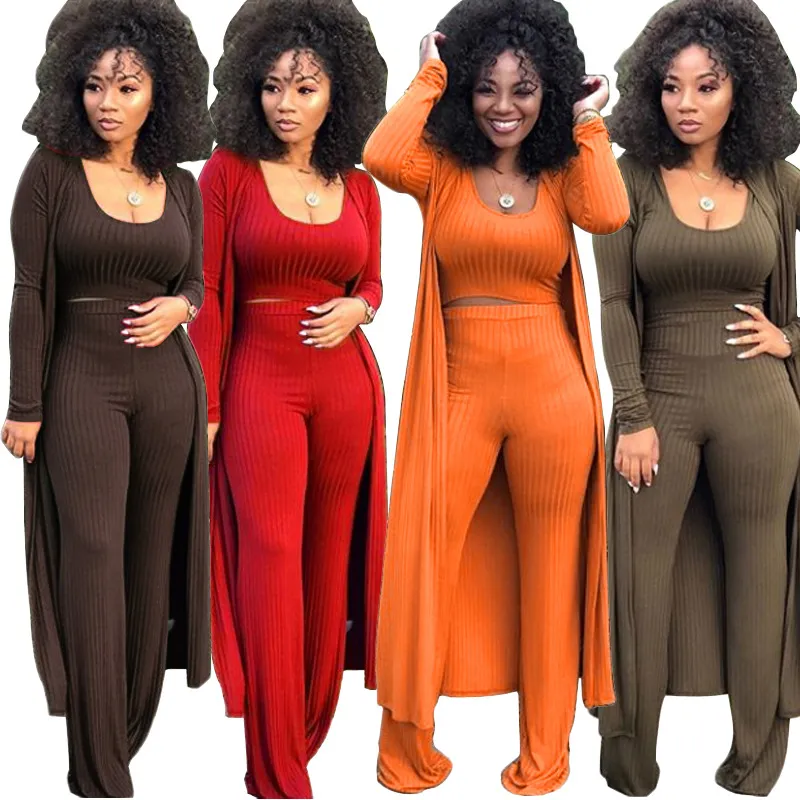 Elegant Strech Three Leisure Pants Suits Rib Knit Palazzo 3 SET Women Tank Top X Long Sleeve Cardigan Coat Cloak Outfit