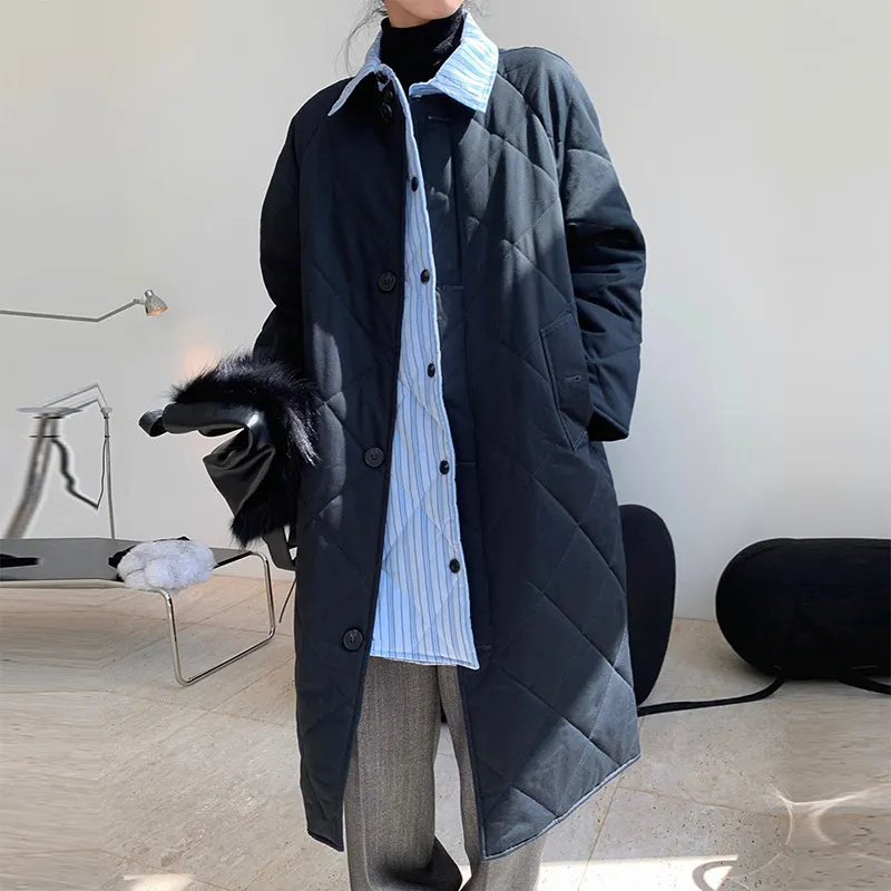 Kvinnor Vinter Modig Retro Stiching Kontrastfärg Lapel Long Polded Jacket Oversized Stand Up Collar Cotton Coat 210520