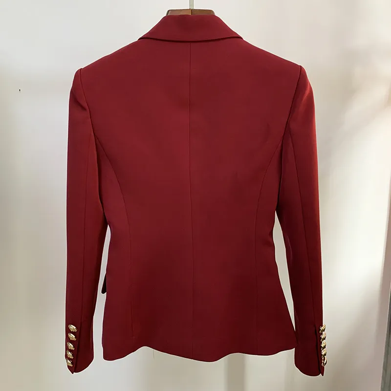 HIGH STREET Modedesigner-Blazer für Damen, Damen-Blazer mit Metalllöwenknöpfen, zweireihiger Außenmantel, Weinrot