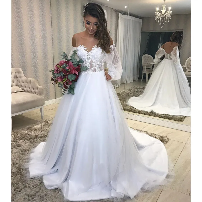 2021 Modern Bateau Bohemian Bröllopsklänning Juliet Långärmad Romantisk Lace Appliques V Open Back Bridal Gowns Vestidos de Novia Ny