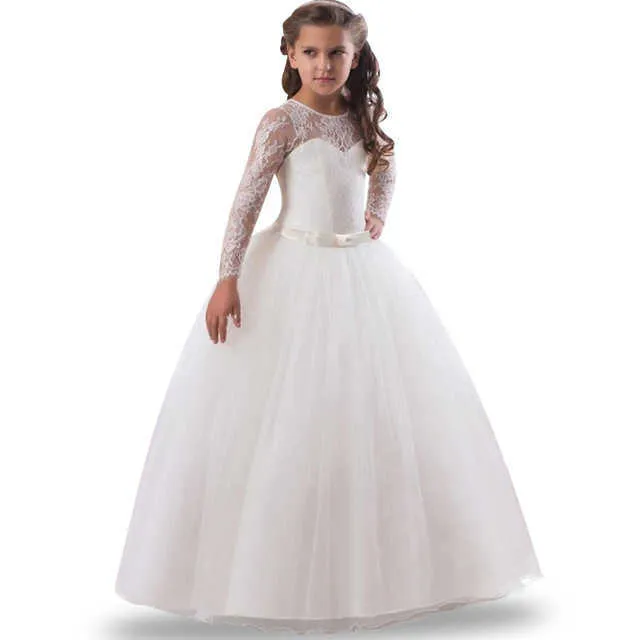 Girls Lace Full Sleeve PrincDrKids First Communion Dresses For Girls Tulle Lace Wedding Costume Junior Children Clothes X0803