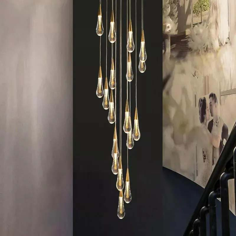 Hängsmycke Lampor Modern Crystal Chandelier Golden Luxury Villa Vardagsrum Dining Trappa Inomhus Lighting Rope RaineDrop
