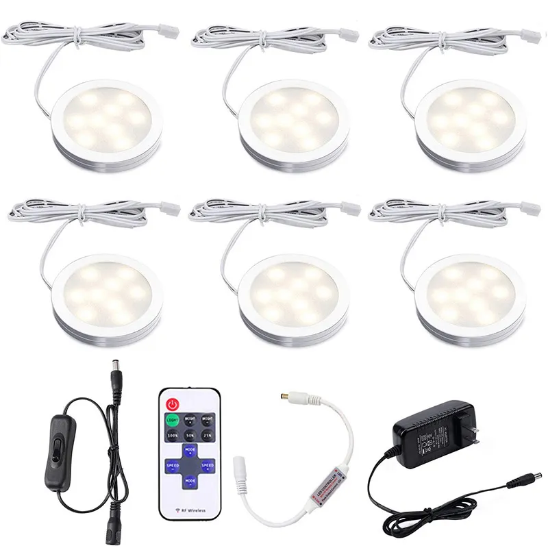 LED Under Cabinet Light Kit Dimmable Night Lamp 6pcs Ultra Slim Puck Lights Set for Counter Showcase Kitchen Lighting with 12V Adapter RF Remote
