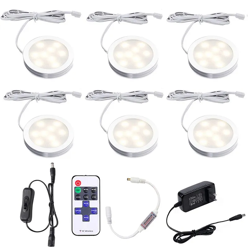 Kit d'éclairage LED sous-meuble, lampe de nuit à intensité variable, 6 pièces, ensemble de lumières ultra fines pour comptoir, vitrine, éclairage de cuisine avec adaptateur 12 V, télécommande RF