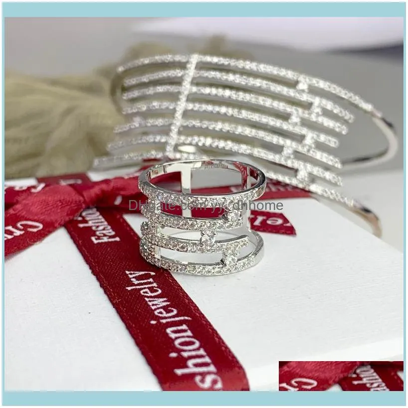Earrings & Necklace TC Luxury Classic Open Line Bracelet With Ring Jewelry Set Copper Zircon Art Wedding Women Gift B0520