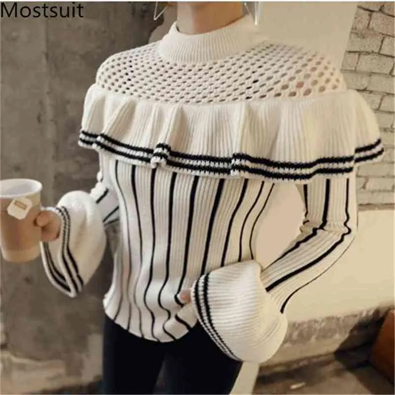 Spring Casual Korean Striped Ruffles Knitted Sweater Pullover Women Flare Sleeve O-neck Fashion Female Tops Sweaters 210513