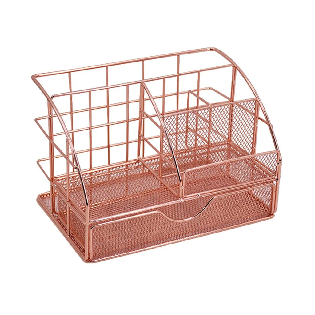 Ontwerp Mesh Home Office Desk Organizer Kantoorbenodigdheden Accessoires met lade voor Home Office Desktop Rose Gold Opbergdoos