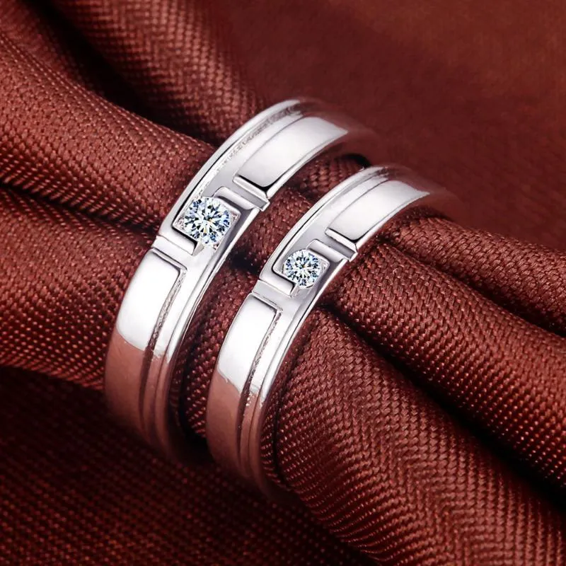 Wedding Rings 1 Pair Simple Classic Copper Plated Silver Open Fashion Crystal Ring Couple Men Women Finger Jewelry Wholesale Drop