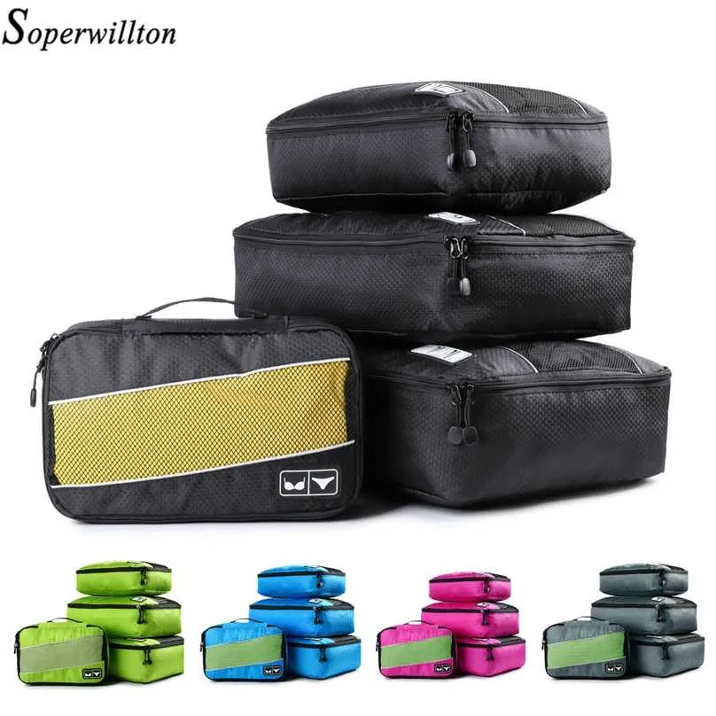 SOPERWILLTON Packing Cubes Nylon Travel Organizer Bag Andas Mesh Duffle Men Kvinnor Bagageuppsättning 211118