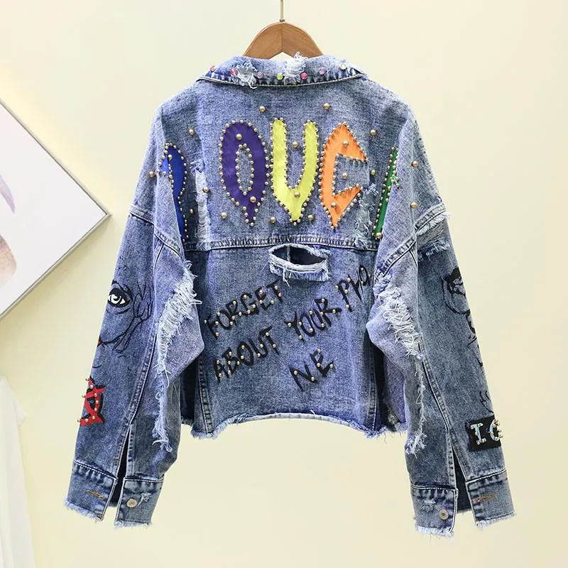 Kvinnors Jackor Denim Jacket Coat 2022 Höst Jean Overcoat Kvinna Graffiti Rivet Basic Girl OuterWear Blue