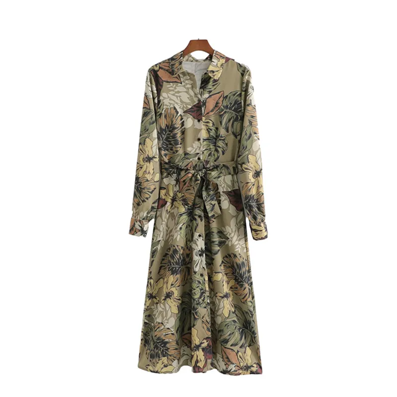 Vintage Frau Grün Floral Chiffon Schärpen Kleid Frühling Mode Damen Weiche Gedruckt es Weibliche Chic Urlaub 210515