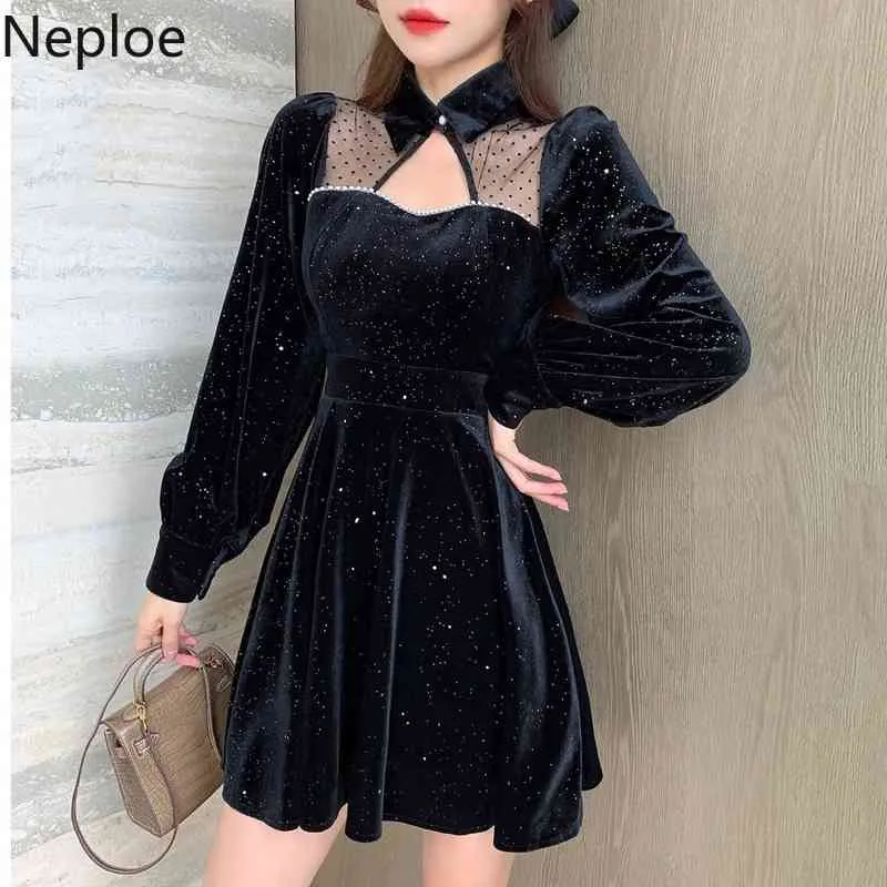 Neploe Velvet Woman Sukienka Chic Hollow Out Gaza Patchwork Vestidos Mujer Wysoka Talia Slim Black Dresses Kobiety Sexy Robe 210422