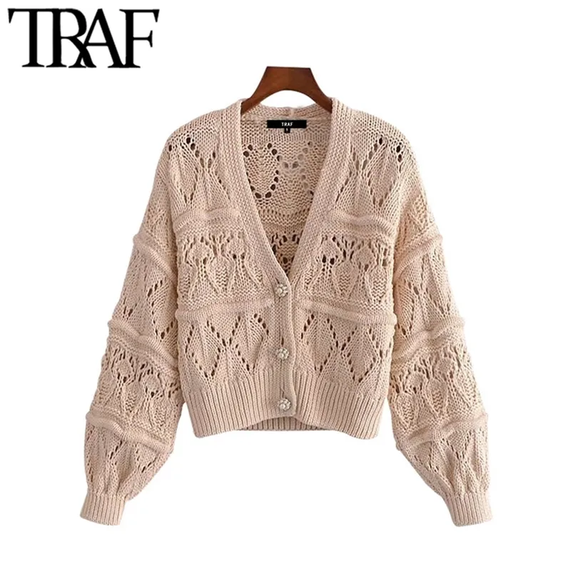 Women Fashion With Faux Pearl Buttons Cropped Knit Cardigan Sweater Vintage Long Sleeve Female Outerwear Chic Tops 210507